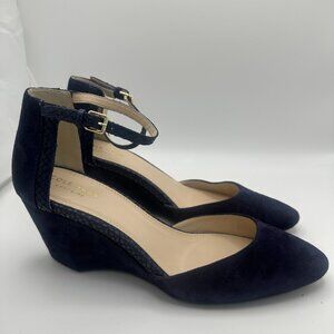 NEW Cole Haan Lara Ankle Strap Pump Womens Size 8.5 Marine Blue Suede Wedge